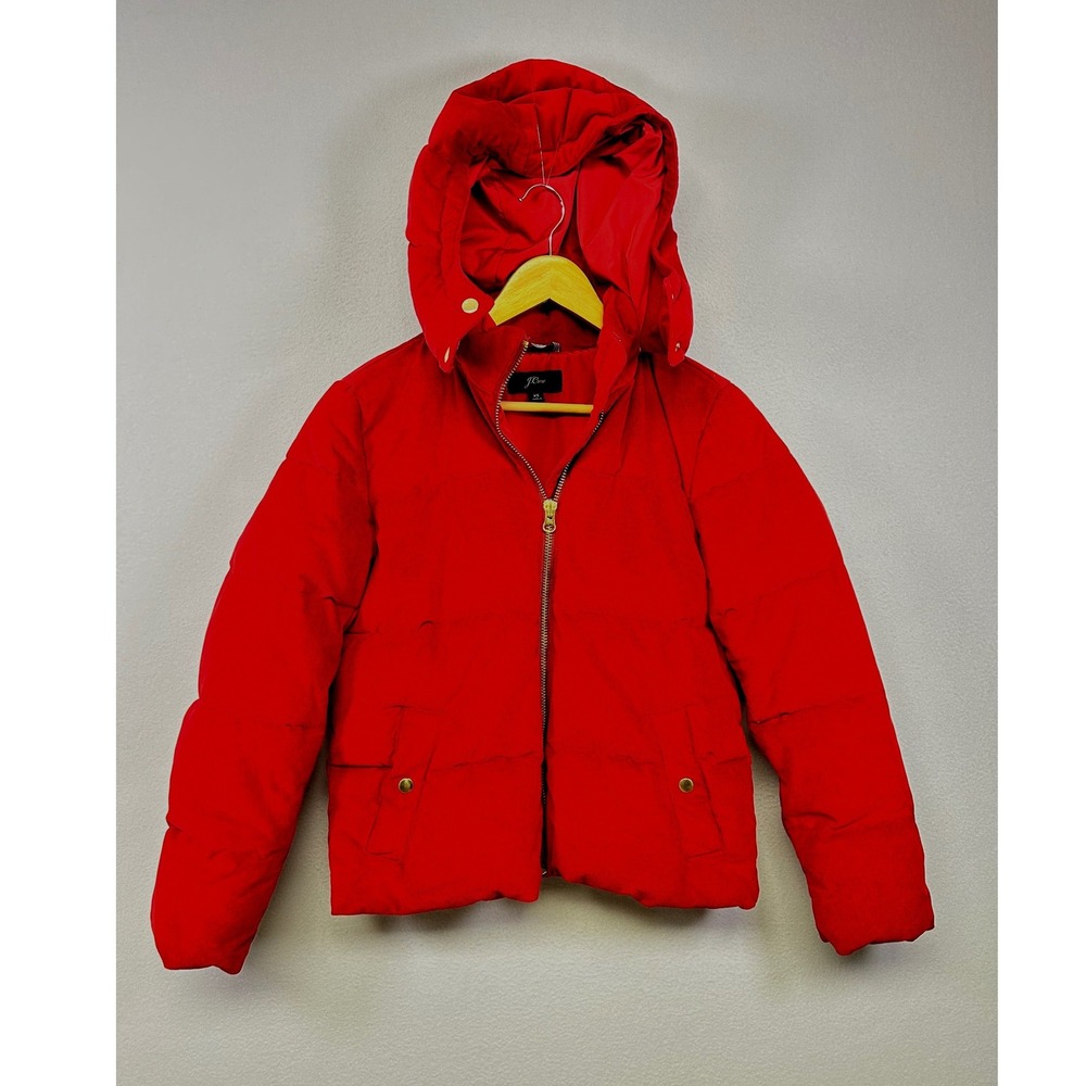 Preppy J.Crew Womens XS Red Corduroy Puffer Jacket Removable Hood Quilted Zip